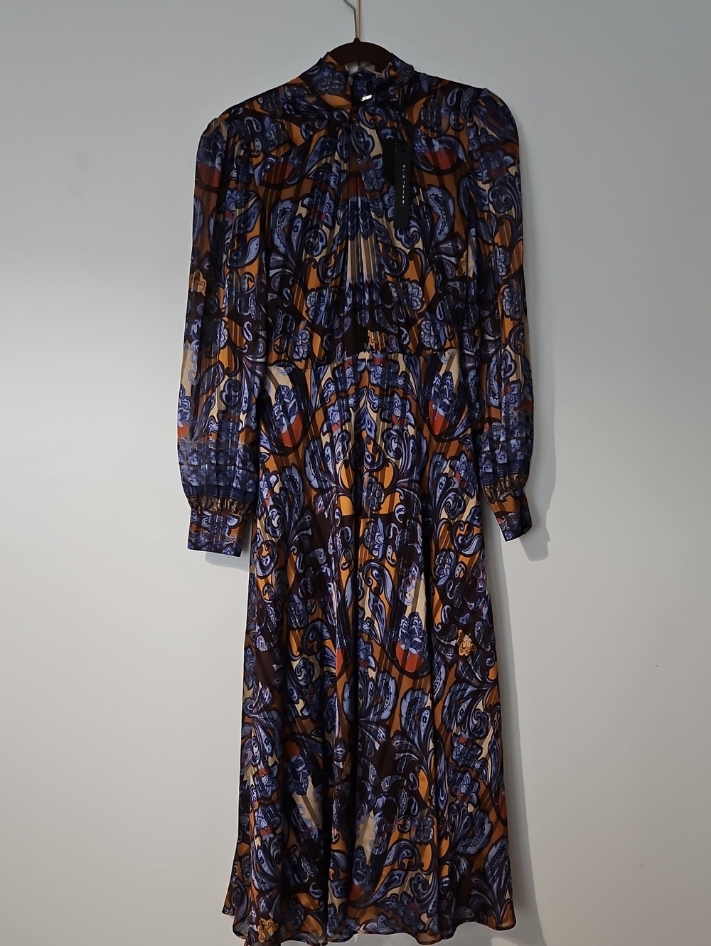 Elie Tahari Navy & Tan Paisley Tie-Neck Long Sleeve Midi Dress